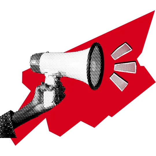 A stylized, dotted illustration of a hand holding a megaphone, sound waves blasting out—set against a bold red angular background—highlights ways to fight book bans and amplify your voice for freedom of expression.