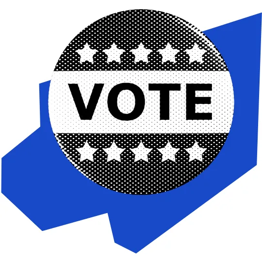 A round black and white VOTE button with stars sits on top of an abstract, jagged blue shape, symbolizing the power of voting as one of the ways to fight book bans.