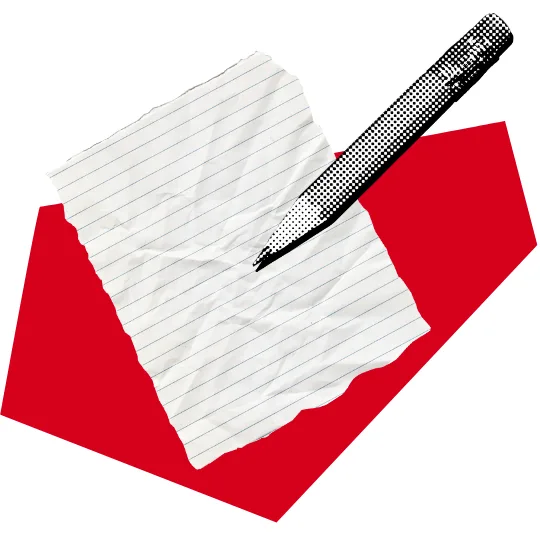 A crumpled sheet of lined notebook paper and a black pen, symbolizing ways to fight book bans, rest on a red geometric shape against a white background.