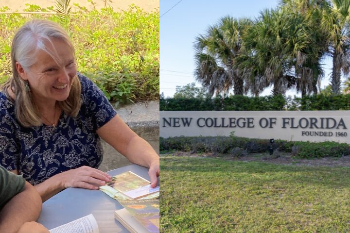 A smiling woman sits outside at a table with books, next to an image of the New College of Florida sign surrounded by palm trees.