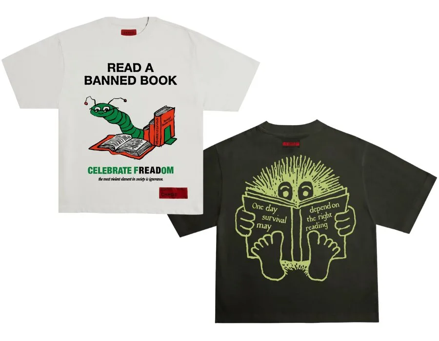 Two graphic t-shirts: one white with a green caterpillar reading, text READ A BANNED BOOK, and one black with a yellow porcupine, book says One day survival may depend on the right reading. Shop PEN America merchandise to support free expression.