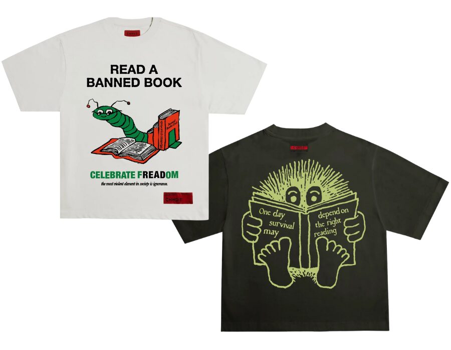 Two graphic t-shirts: one white with a green caterpillar reading, text READ A BANNED BOOK, and one black with a yellow porcupine, book says One day survival may depend on the right reading. Shop PEN America merchandise to support free expression.