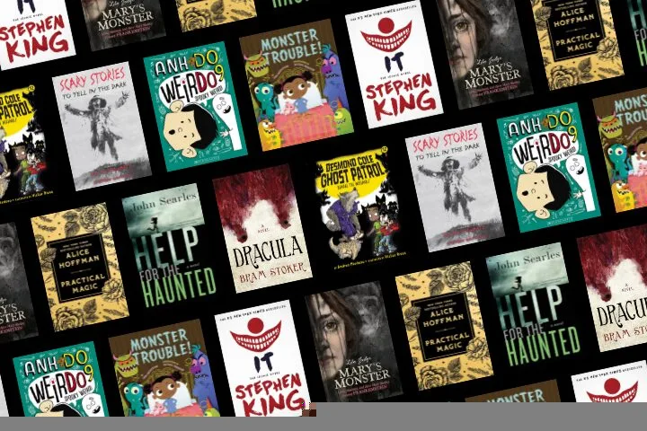 A collage of book covers arranged in a grid, featuring titles such as IT, Scary Stories to Tell in the Dark, I Help for the Haunted, Monster Trouble, Practical Magic, and Marys Monster.