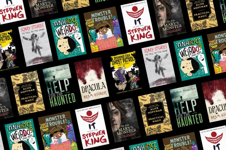 A collage of book covers arranged in a grid, featuring titles such as IT, Scary Stories to Tell in the Dark, I Help for the Haunted, Monster Trouble, Practical Magic, and Marys Monster.