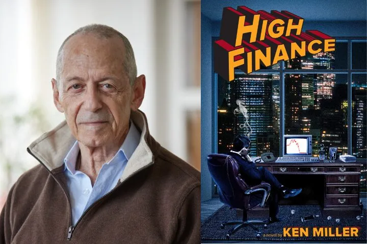 A man with short gray hair and a zip-up sweater stands indoors. Next to him is a book cover titled High Finance showing a person at a desk in a city office at night, with skyscrapers visible through the window.