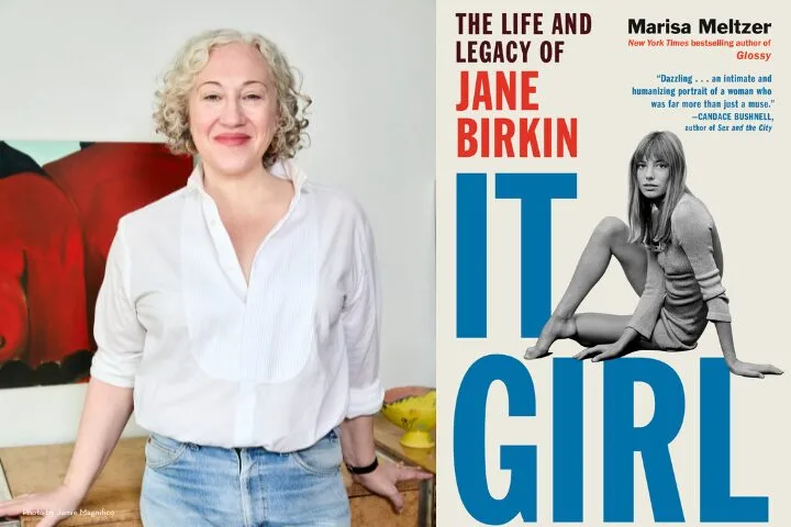 A smiling woman with curly gray hair, wearing a white shirt and jeans, stands beside the book cover for It Girl: The Life and Legacy of Jane Birkin by Marisa Meltzer, which features a photo of Jane Birkin sitting and bold blue text.