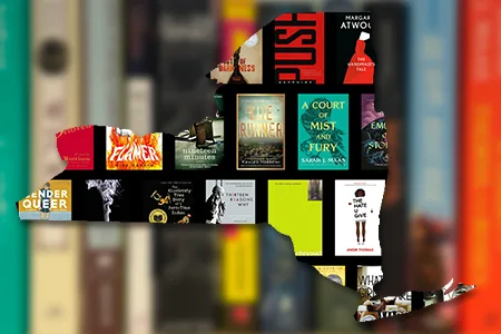 A silhouette of New York State filled with covers of various banned books and the bold message “Don’t Censor America,” set against a blurred background of books on a shelf.