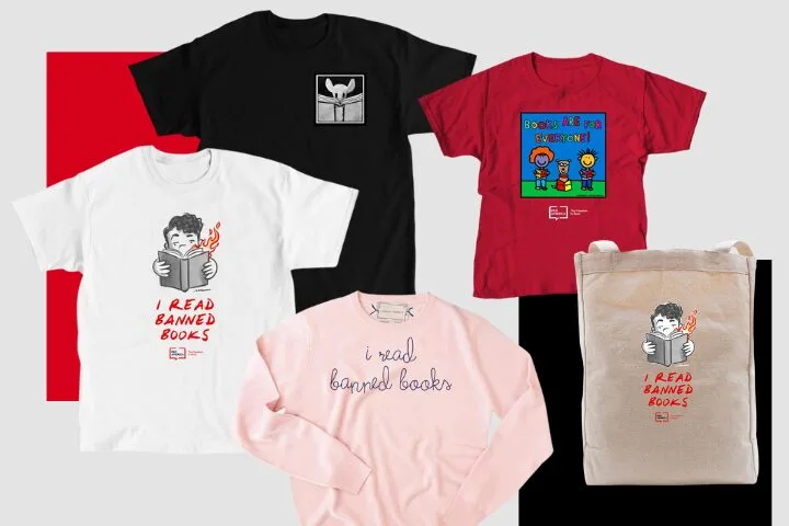 Five items featuring book-themed designs: three t-shirts (white, black, red), one pink sweatshirt, and a beige tote bag. Most display messages or illustrations supporting reading banned books and the message "Don't Censor America.