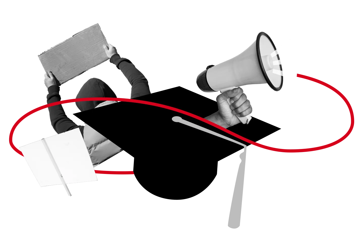 A collage featuring a graduate cap, a hand holding a megaphone, a person raising a cardboard sign, and a red line looping through the elements, symbolizing protest and activism in education.