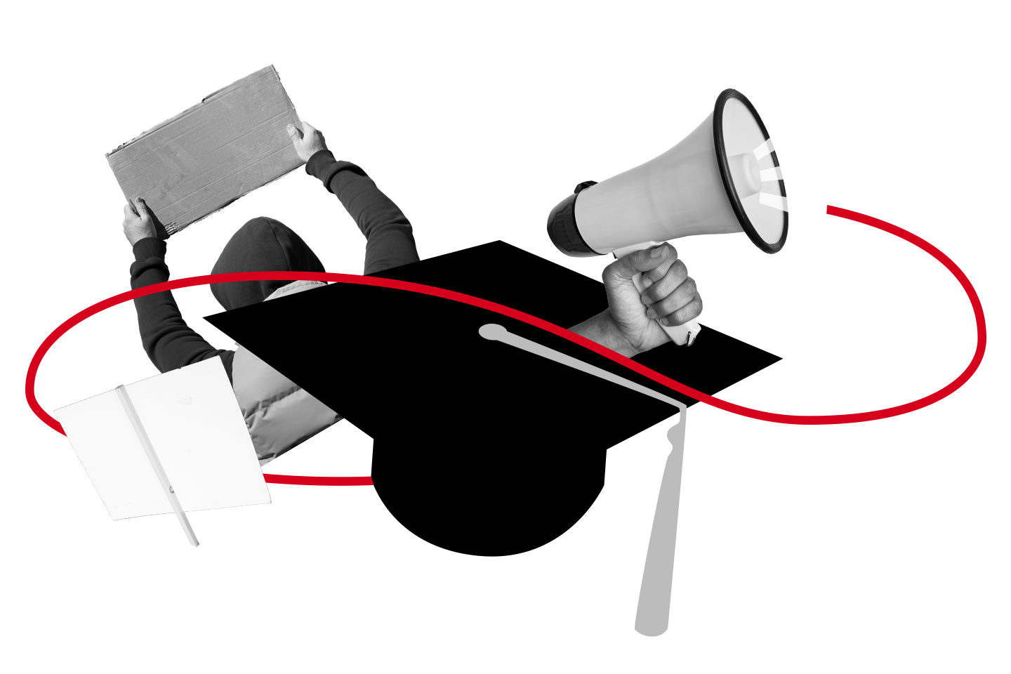 A collage featuring a graduate cap, a hand holding a megaphone, a person raising a cardboard sign, and a red line looping through the elements, symbolizing protest and activism in education.