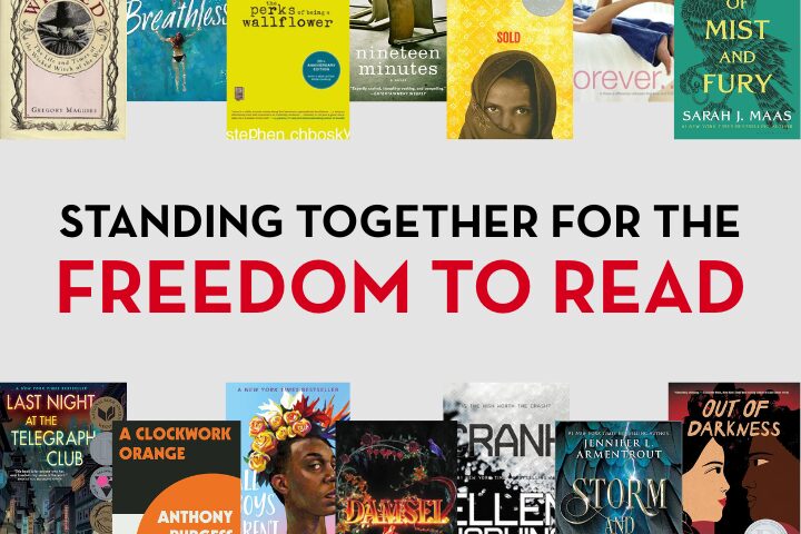 A collage of book covers surrounds a central message that reads, “Standing together for the freedom to read,” with “freedom to read” highlighted in bold red text and the call, “Don't Censor America,” echoing around the center.