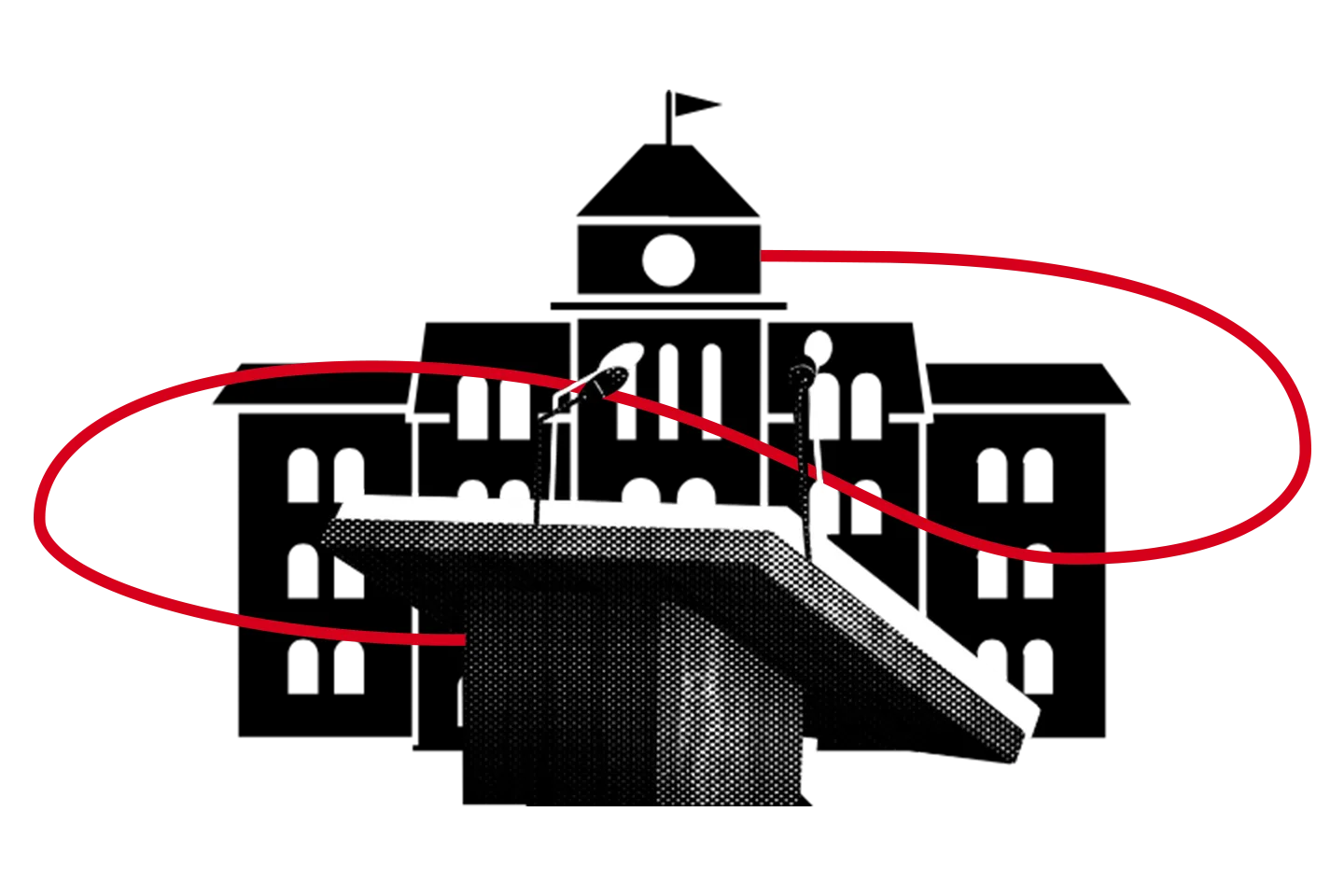 A black and white illustration of a podium with microphones in front of a large building, with a red curved line looping around both the podium and the building.