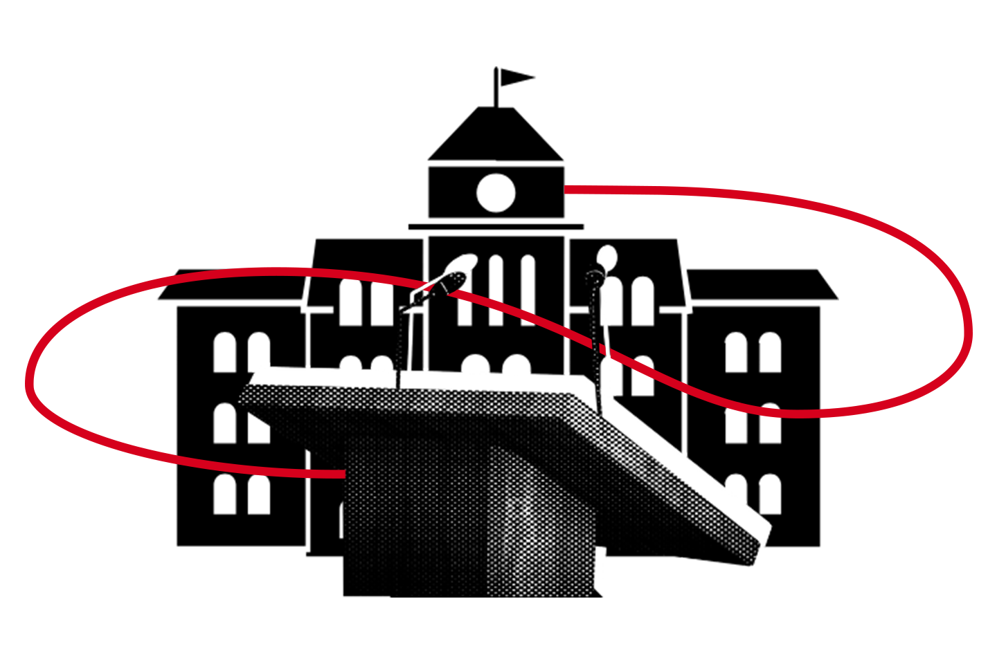 A black and white illustration of a podium with microphones in front of a large building, with a red curved line looping around both the podium and the building.