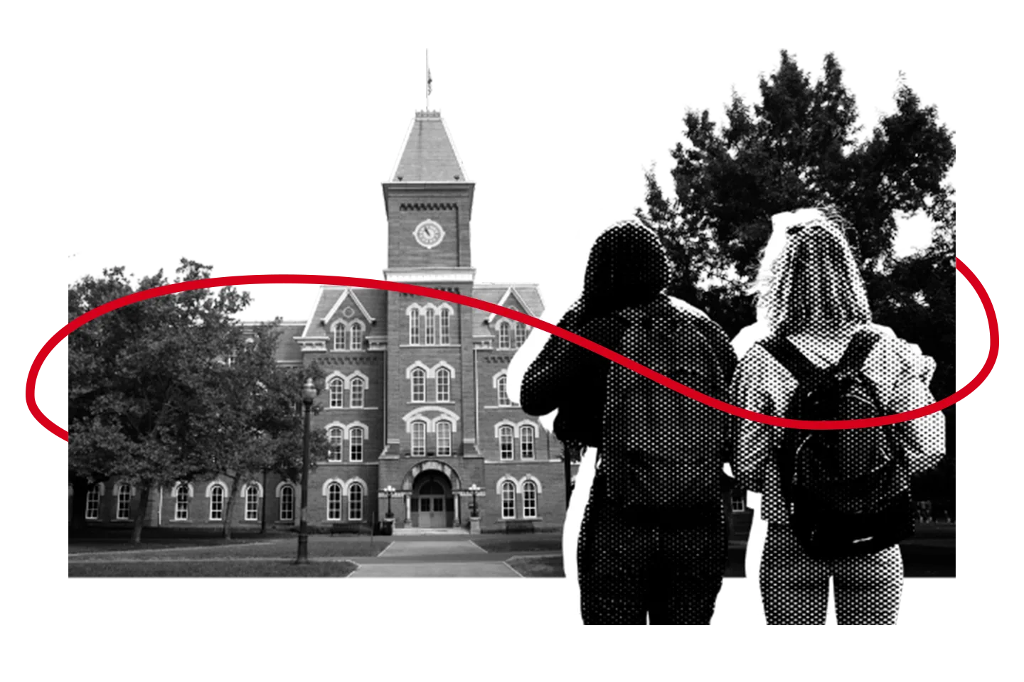 Two students with backpacks stand facing a large, historic brick school building. A red looping line curves across the image, and trees frame the scene on both sides. The image is in black and white, except for the red line.