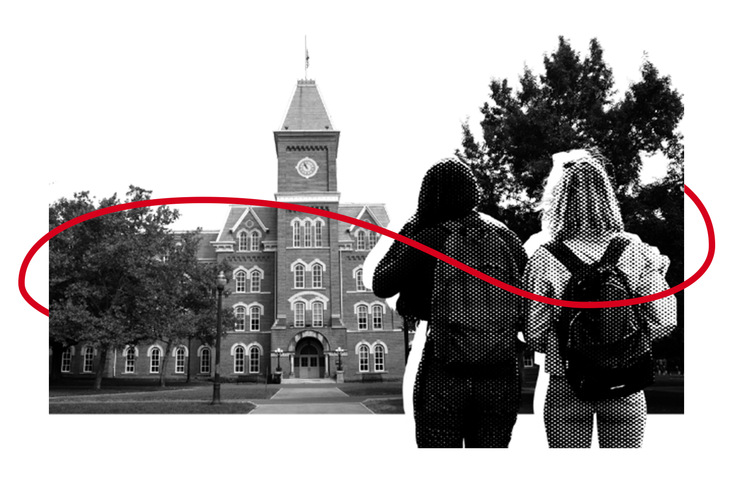 Two students with backpacks stand facing a large, historic brick school building. A red looping line curves across the image, and trees frame the scene on both sides. The image is in black and white, except for the red line.