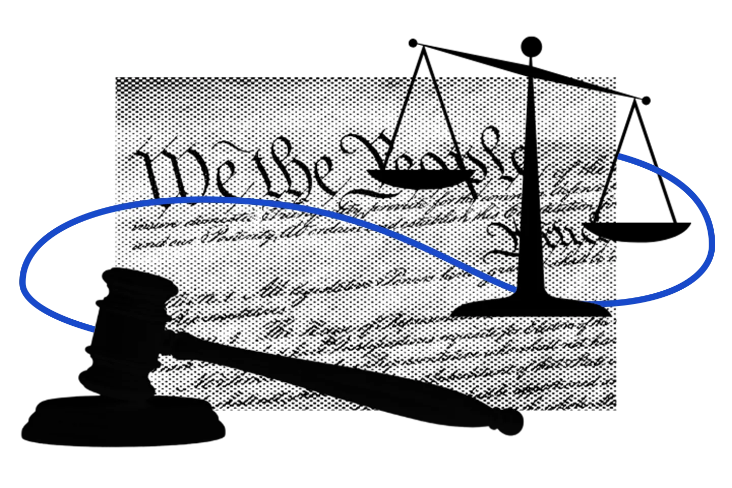 A gavel and scales of justice are shown in black silhouette over a faded image of the U.S. Constitution, with a blue curved line crossing the scene.