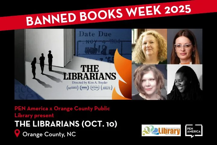 Promotional graphic for Banned Books Week 2025 featuring a film screening of The Librarians on October 10 in Orange County, NC. Includes photos of four women and logos for PEN America and Orange County Public Library.