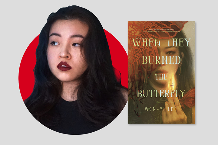 A woman with long dark hair and bold lipstick is pictured next to the book cover for When They Burned the Butterfly by Wen-yi Lee, which features a womans face and a butterfly with red and gold tones.