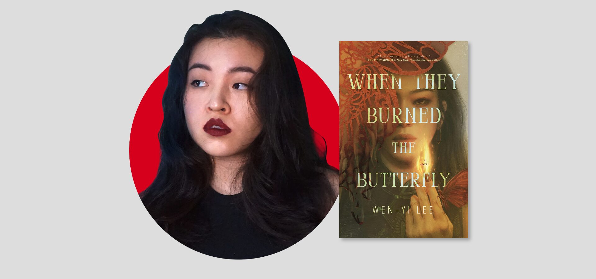 A woman with long dark hair and bold red lipstick looks to the side, next to the book cover When They Burned the Butterfly by Wen-Yi Lee, which features a girl holding a butterfly.