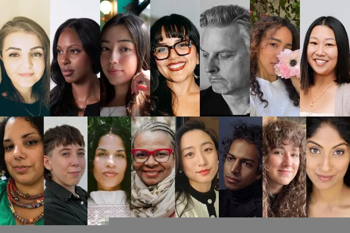 A collage of fifteen diverse people, each facing the camera and smiling or looking thoughtful, set against varying backgrounds.