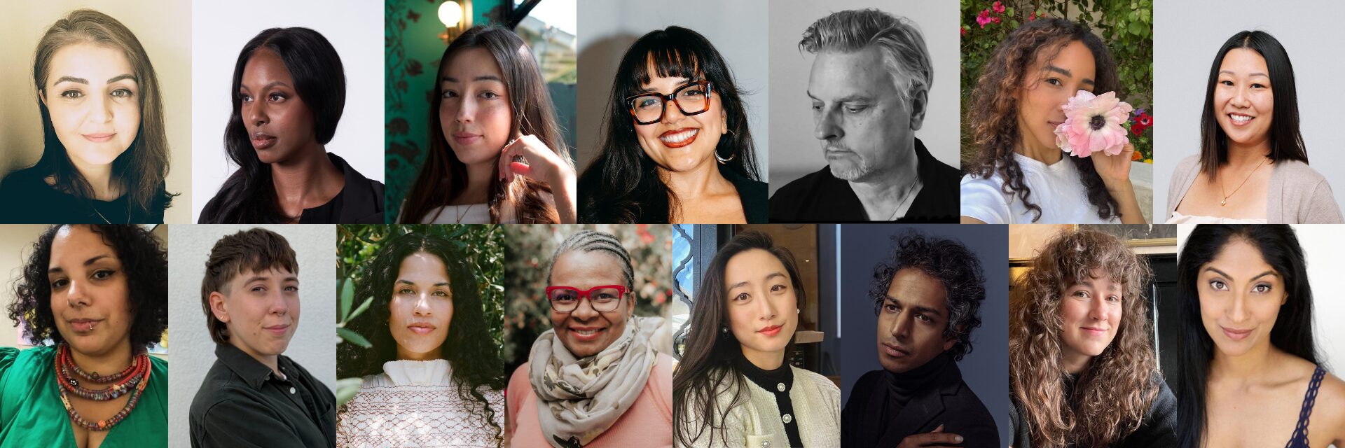 A collage of fifteen diverse people, each posing for individual portraits, with varied expressions and backgrounds. Some are smiling, while others have neutral expressions, showcasing a mix of styles and settings.