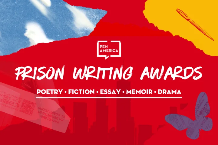 Red and yellow graphic with text: PEN America Prison Writing Awards. Poetry, Fiction, Essay, Memoir, Drama. Includes a cloud, pen, envelope, and butterfly silhouettes.
