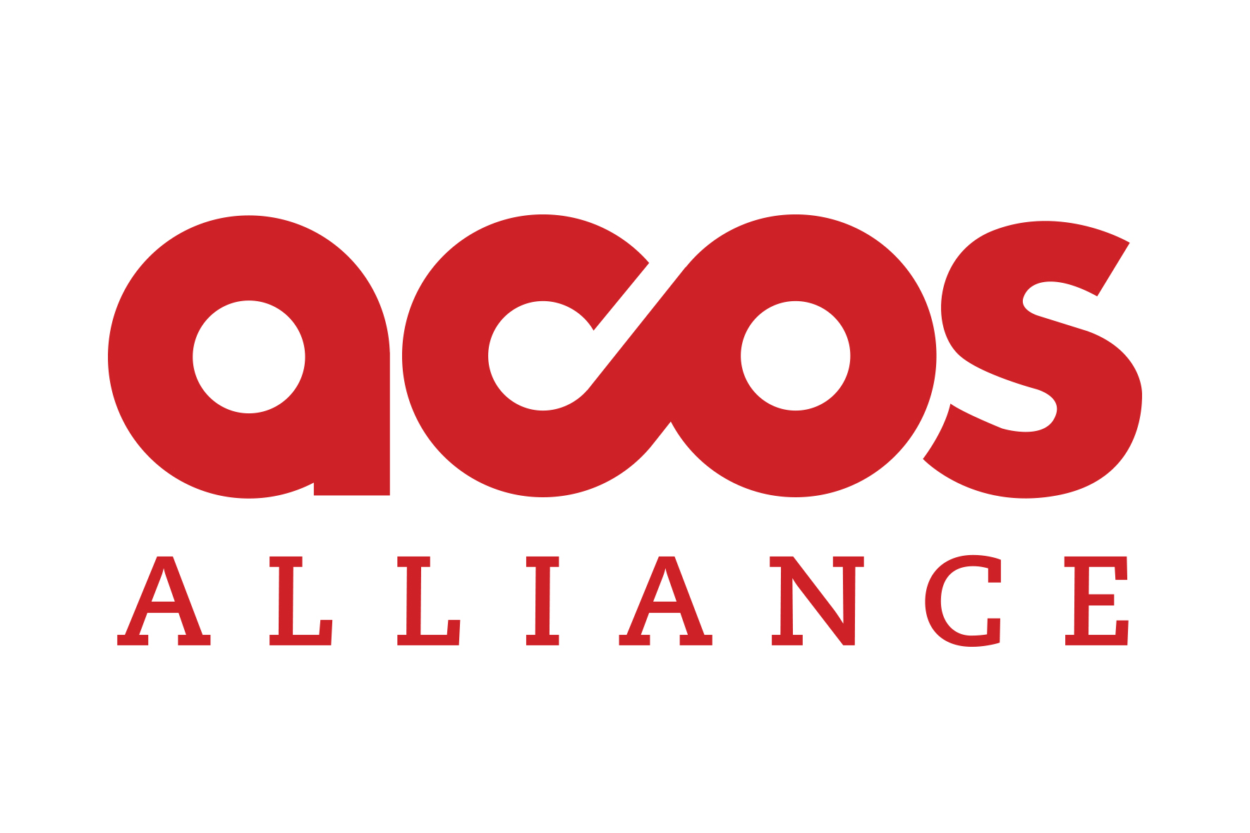 The image shows the logo for ACOS Alliance with acos in bold red lowercase letters and ALLIANCE in uppercase red letters below it. The cos letters are connected in a continuous loop.