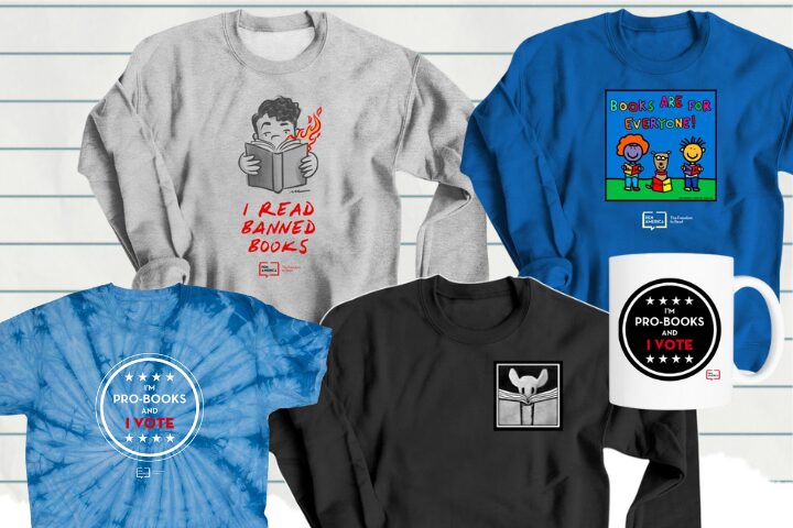 Five items with book advocacy themes: two sweatshirts (one says I Read Banned Books with a cartoon, one with a book logo), two T-shirts (Books Are for Everyone! and Pro-Books and I Vote), and a matching mug.