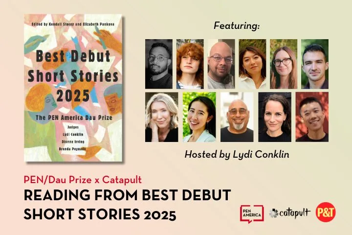 Event graphic for Reading from Best Debut Short Stories 2025 featuring the book cover, nine author headshots, host Lydi Conklin’s name, event partners’ logos, and colorful circles as design elements.