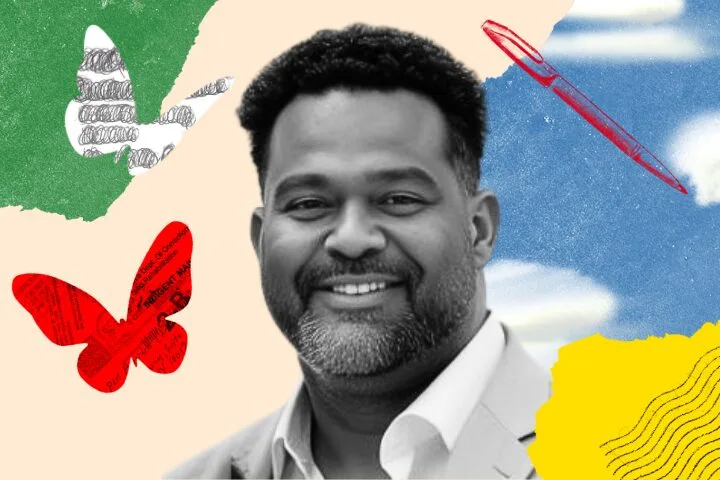 A smiling man with short curly hair and a beard is in the center. The background is a colorful collage with abstract shapes, butterflies, a red pen, and paper textures.