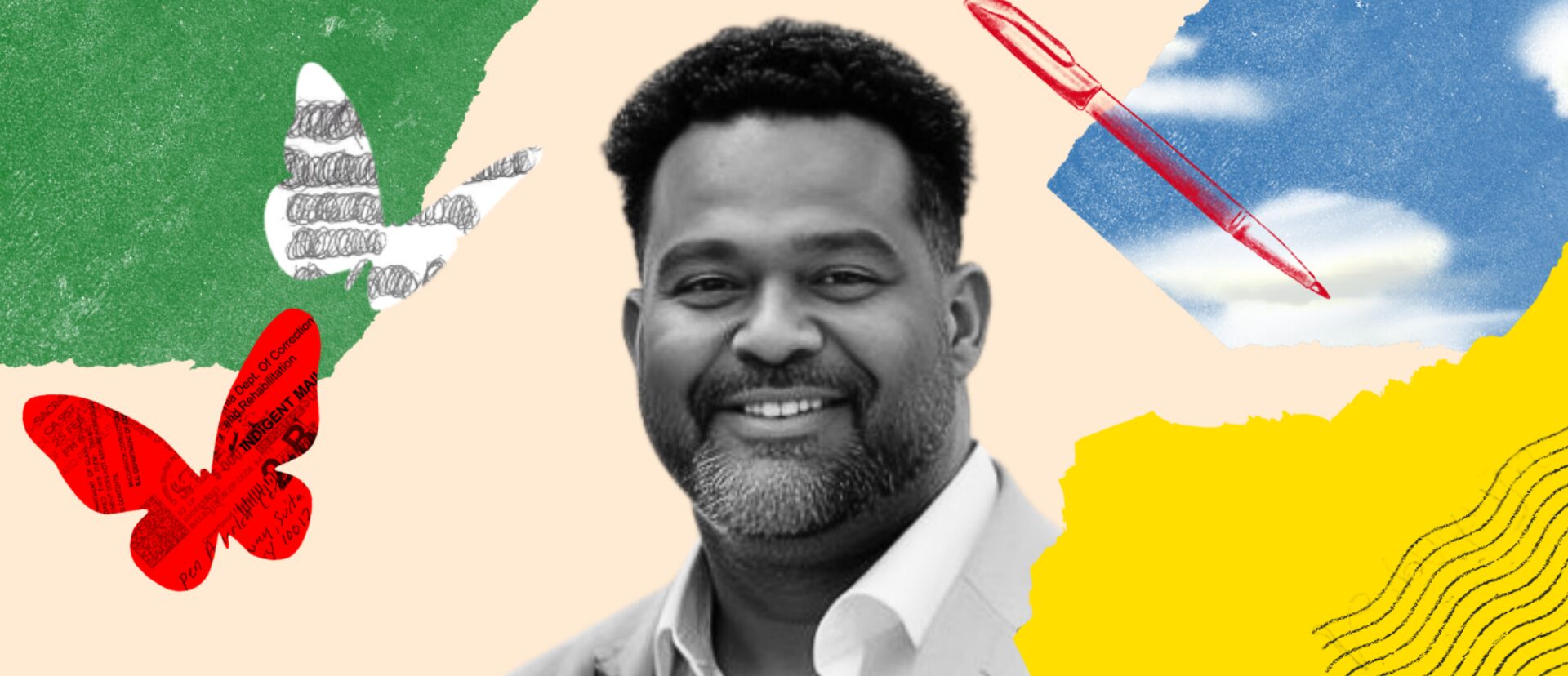 A smiling man with short curly hair and a beard is shown in black and white. The background features colorful abstract shapes, butterflies, a red pen, and blue sky with clouds.