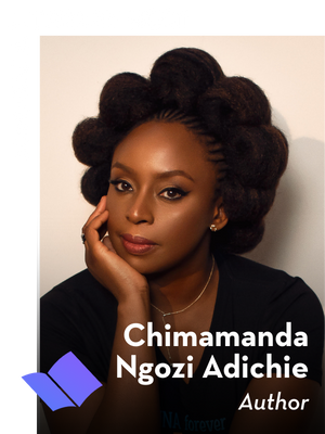 A portrait of Chimamanda Ngozi Adichie posing with her hand on her chin. Text reads: Literary Host 2026 Gala. Chimamanda Ngozi Adichie, Author. A blue book icon appears in the corner.