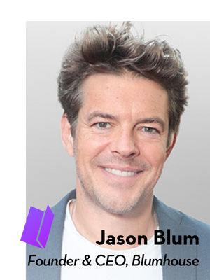 A smiling man with short, tousled brown hair wearing a gray blazer and white shirt. Text reads: VISIONARY HONOREE 2024 BUSINESS Jason Blum, Founder & CEO, Blumhouse. A purple book icon is shown.