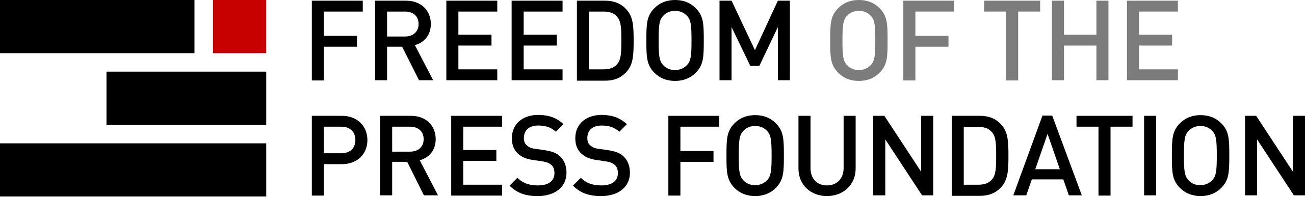 Freedom of the Press Foundation logo with black and gray text and abstract black and red geometric shapes on the left side.
