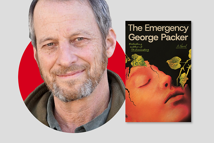 A man with short gray hair and a beard smiles softly beside the book cover of The Emergency by George Packer, featuring a painted face with cracks and green vines on a black background.