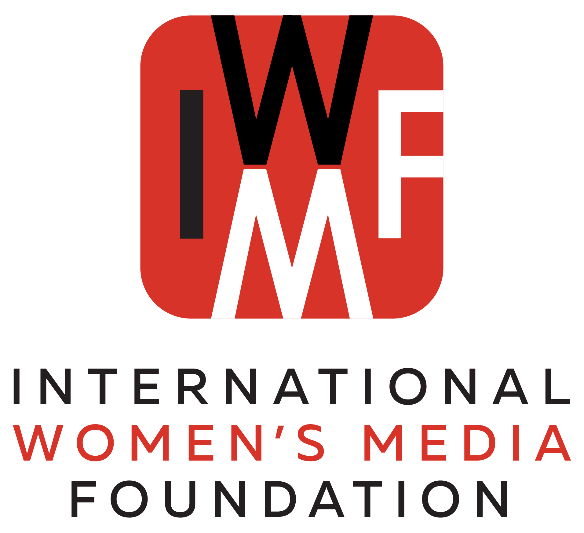 Logo of the International Womens Media Foundation, featuring bold black and red letters IWMF inside a red square, with the organization’s name written below in black and red text.