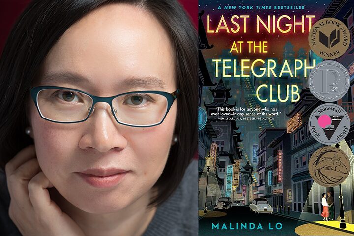 A portrait of author Malinda Lo wearing glasses is shown beside the cover of her book, Last Night at the Telegraph Club, which features neon signs and award stickers on an illustrated night-time city street.