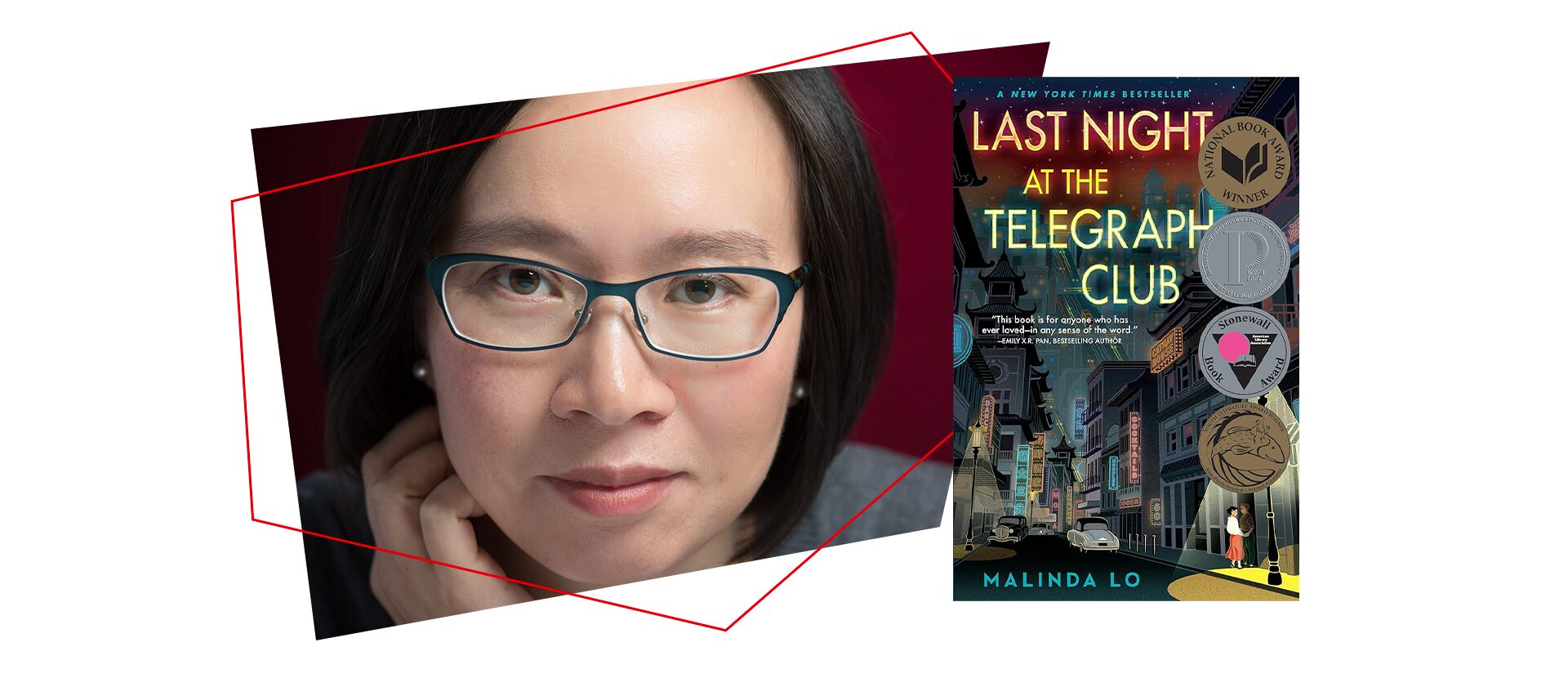 A woman with glasses and dark hair looks at the camera; next to her is the book cover of Last Night at the Telegraph Club by Malinda Lo, featuring colorful city buildings and several literary award medals.