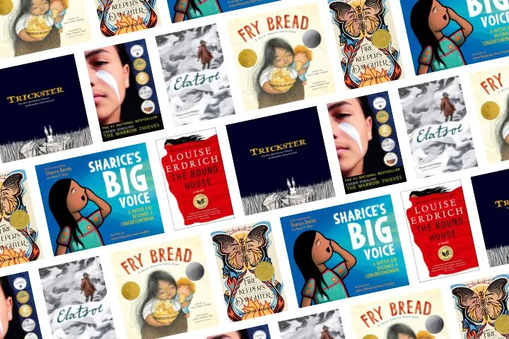 A collage of book covers, including “Fry Bread,” “Trickster,” “Sharice’s Big Voice,” “The Round House,” “Elatsoe,” and “The Heartbeat of Wounded Knee,” arranged in a repeating pattern.
