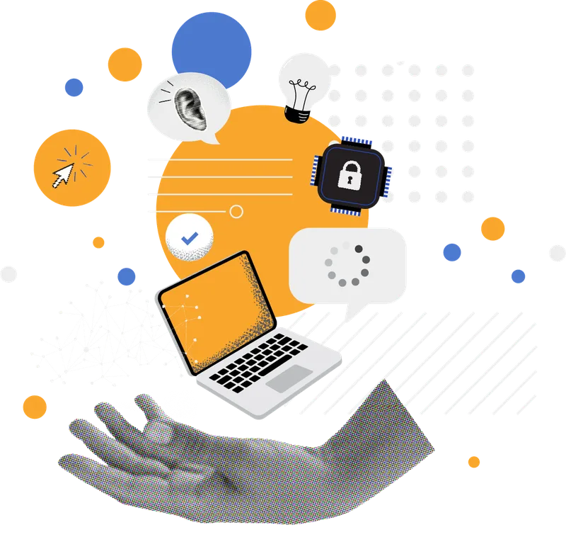 A collage with a grayscale open hand below a laptop, chat bubbles, a padlock on a chip, an ear, a lightbulb, and abstract dots and shapes in orange, yellow, and blue on a white background.