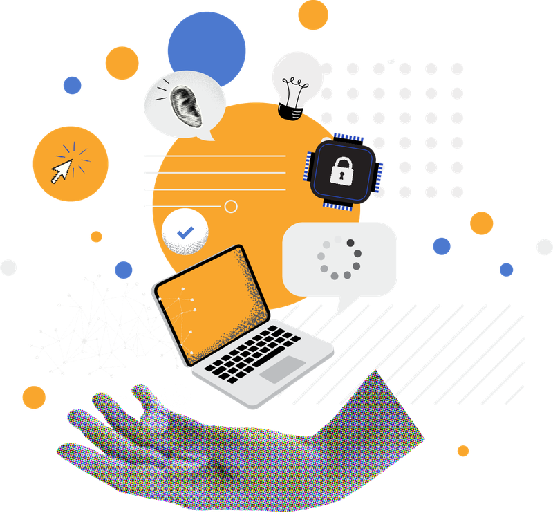 A collage with a grayscale open hand below a laptop, chat bubbles, a padlock on a chip, an ear, a lightbulb, and abstract dots and shapes in orange, yellow, and blue on a white background.