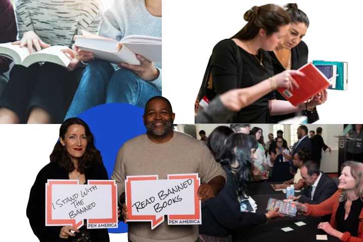 A collage shows people reading books, discussing in small groups, and holding signs like “I STAND WITH THE BANNED” at a PEN America event celebrating the power of banned books and pen america membership.