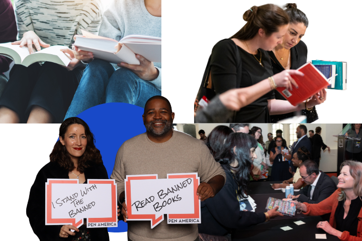 A collage shows people reading books, discussing in small groups, and holding signs like “I STAND WITH THE BANNED” at a PEN America event celebrating the power of banned books and pen america membership.
