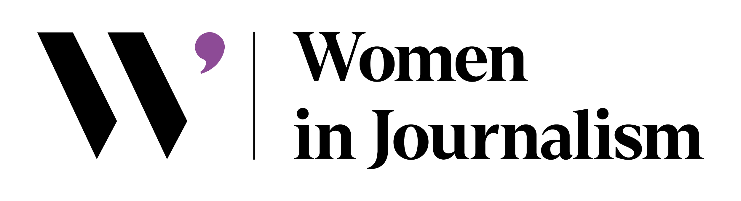 Logo reading “Women in Journalism” with a large black letter “W” and a purple apostrophe on the left, separated by a vertical line. The text is in bold black font on a light grey background.