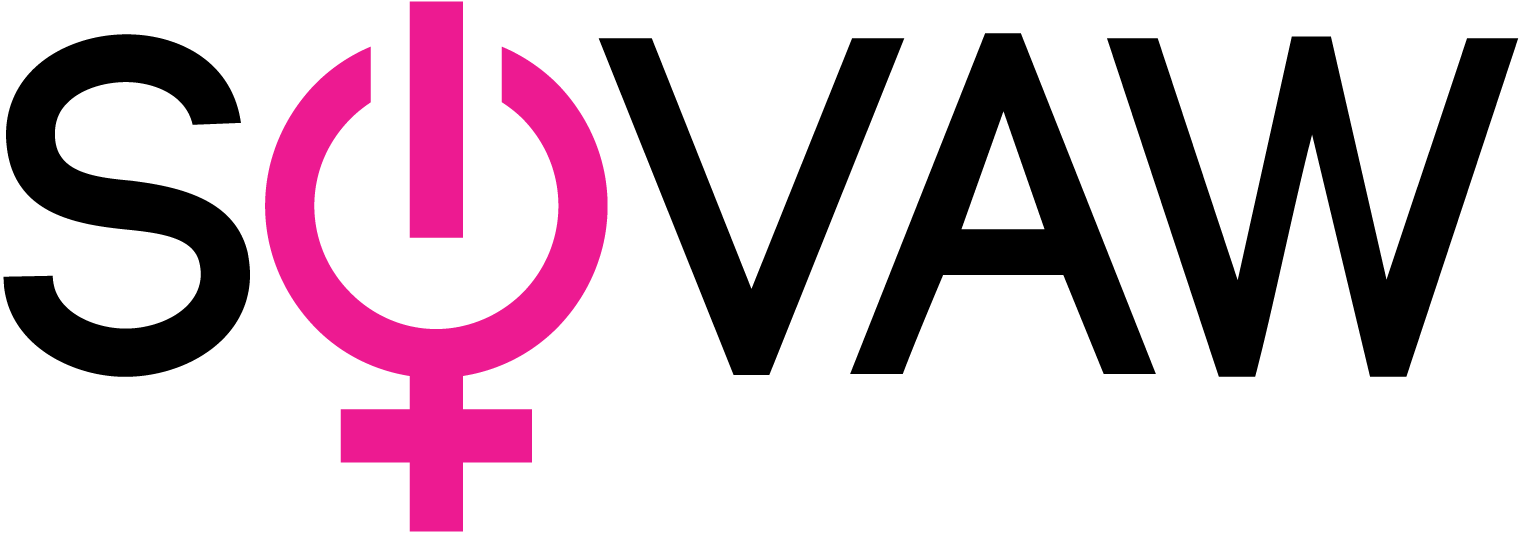 The image shows the text S VAW with the O replaced by a pink female gender symbol, combining the letters to form SOVAW. The background is white and the letters are bold.