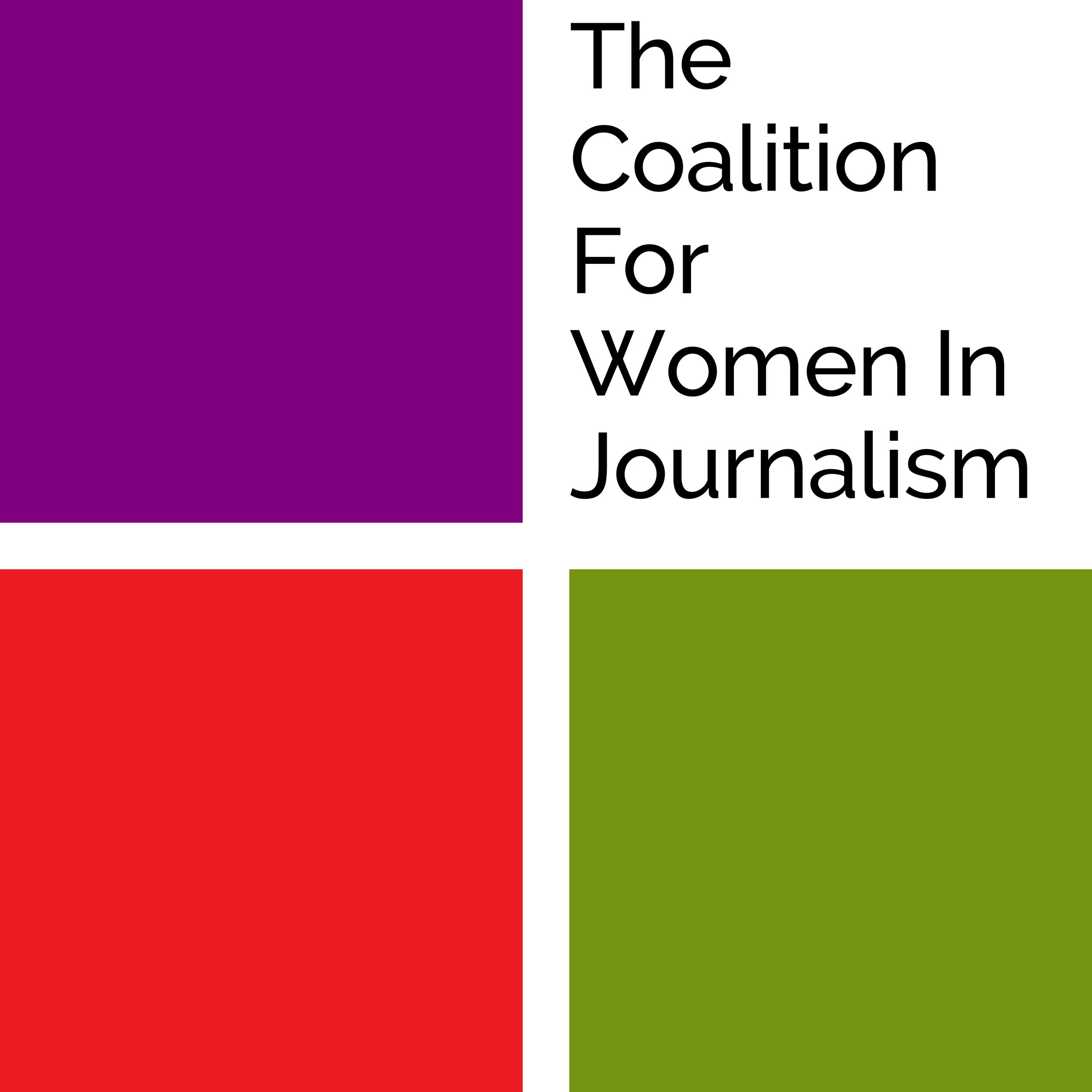 Logo with four squares: purple (top left), white with black text The Coalition For Women In Journalism (top right), red (bottom left), and green (bottom right). Simple, modern design.