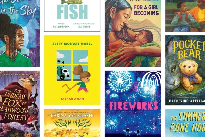 A collage of colorful childrens book covers, including titles like Fish, Every Monday Mabel, Fireworks, Pocket Bear, and For a Girl Becoming, with various illustrated characters and scenes.