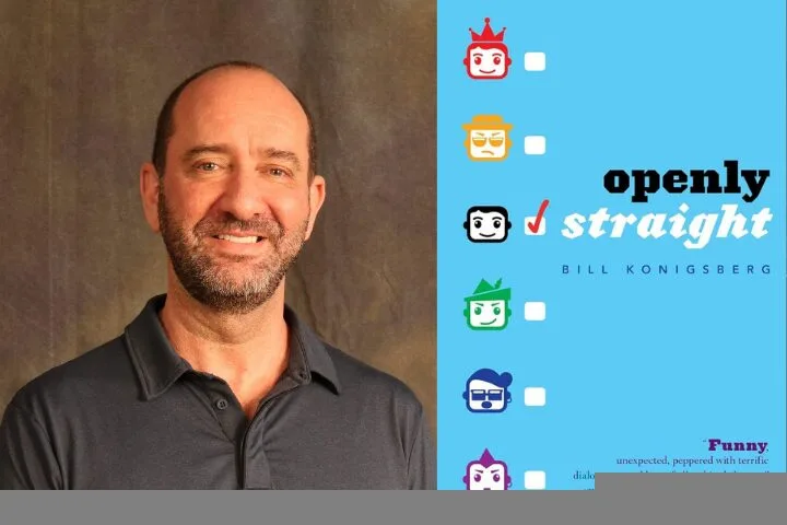 A smiling man with a beard and short hair stands against a gray background. Next to him is the book cover for Openly Straight by Bill Konigsberg, with colorful icons and bold, playful typography.