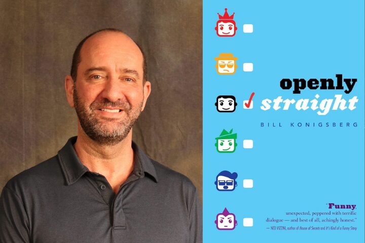A smiling man with a beard and short hair stands against a gray background. Next to him is the book cover for Openly Straight by Bill Konigsberg, with colorful icons and bold, playful typography.