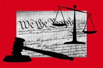 A gavel and scales of justice are silhouetted in black over a section of the U.S. Constitution’s “We the People” text, set against a bold red background.